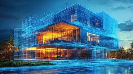 A digital blueprint unfolds, revealing a modern house taking shape in a generative AI-powered construction project, its form morphing and evolving with each line of code 