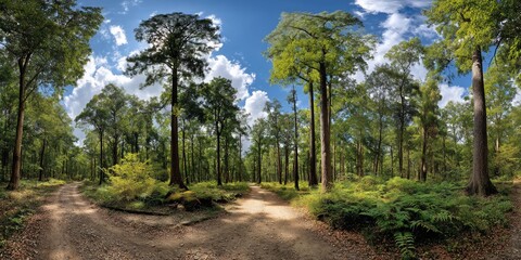 Sunny woodland path with diverging trails