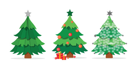 Decorated Christmas Trees with Ornaments, Gifts, and Star Toppers – Holiday Vector Set