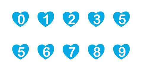 Set of numbers from 0 - 9 in white with love symbol. Blue, white, sweet, cute. Vector