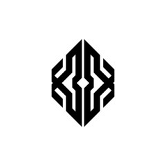 Geometric shield logo. Defense, game, esport, symmetrical, black, sharp lines. Vector