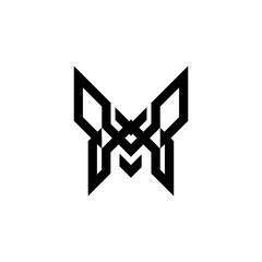 Geometric butterfly logo. Gaming, esport, symmetrical, black, sharp lines, flying, minimalist. Vector