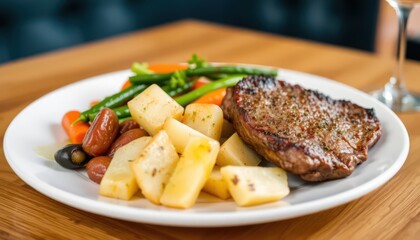 Steak with roasted vegetables on plate