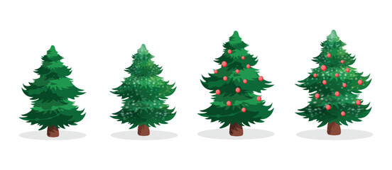 Fototapeta premium Set of Four Festive Christmas Trees with Snow and Red Ornaments