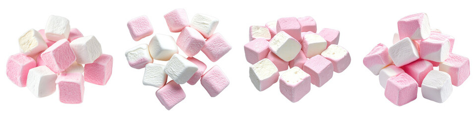 Pink and white marshmallows Isolated on transparent background. PNG , Set of
