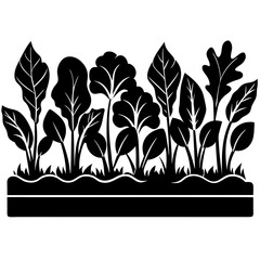 Vector silhouette of a row of vegetable plants with leafy greens, simple clean lines 