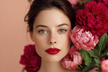 Naklejka premium Woman with perfect glowing skin, bold red lips, striking green eyes, surrounded by soft blush roses, pink peonies and lush green leaves, peach-toned background, makeup