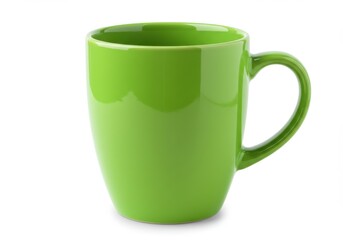 A vibrant green ceramic mug sits isolated against a stark white background in a studio setting
