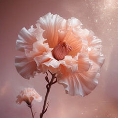 The flower's delicate petals and ruffled stems create a serene glow, evoking mystique and subtlety, with intricate details in warm earthy tones.