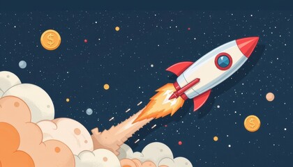 Rocket launching into space with coins and stars backdrop.