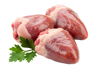 Raw Chicken Hearts with Fresh Parsley Isolated on transparent Background

