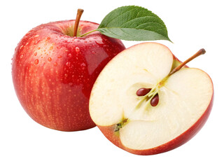 Fresh Red Apple with Half Cut and Leaf Isolated on transparent  Background

