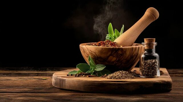Aromatic Spices in Wooden Mortar and Pestle on Rustic Table
