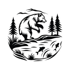 Black and White Bear Silhouette with Nature Elements in Round Design
