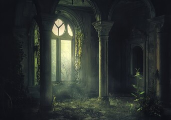 A Dark And Gloomy Ruin Interior With Overgrown Plants And Light Through A Window
