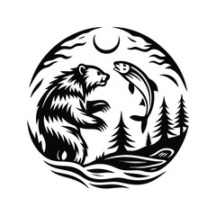 Fototapeta premium Circular Black and White Design with Bear, Fish, Trees, River and a Crescent Moon