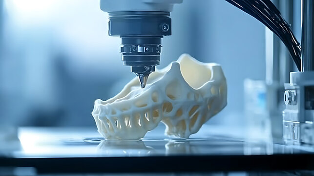 A robotic arm crafting custom fit orthopedic implants in a futuristic medical 3D printing lab, AI-driven algorithms shaping the perfect fit, Medical-tech style
