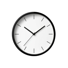 A simple wall clock with a black frame and minimal design casting a soft shadow on a transparent background, simple wall clock, file of isolated object with shadow on transparent background