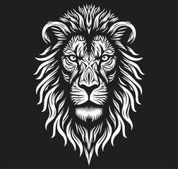 The image is a high-contrast vector graphic of a lion's head, set against a solid black background. The lion is drawn with intricate white linework that forms a detailed and symmetrical mane. 