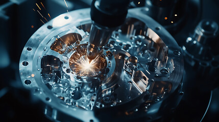 A robotic arm cutting and welding titanium alloy components for space shuttles in an advanced aerospace facility, sparks illuminating the cleanroom, Aerospace-tech style