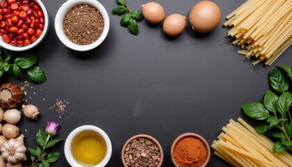 Colorful ingredients arranged for cooking backdrop.