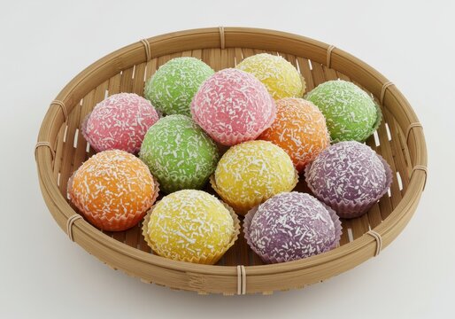 Colorful coconut covered balls in a wicker basket on a white background beautifully arranged