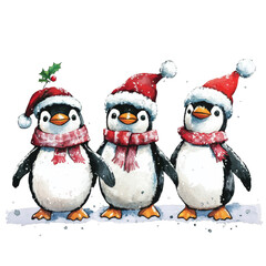 Fototapeta premium Festive penguins celebrating the holiday season with hats and scarves on a snowy background, Holiday Celebration Penguin Characters on transparent background
