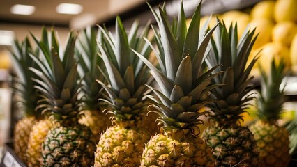 Obraz premium Fresh pineapples on display in a market showcase fresh produce and vibrant colors for shoppers looking for tropical fruits during the day Generative AI
