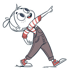 Excited child pointing upwards in striped shirt and overalls