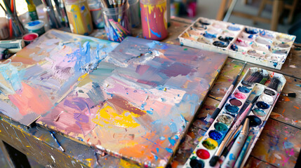 Obraz premium Colorful art supplies on a wooden table, a vibrant and playful arrangement sparking creativity.