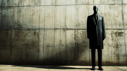 Mysterious Figure in Black Suit Against Weathered Concrete Wall: A Study in Shadow and Secrecy