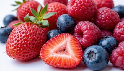 Fresh strawberries, raspberries, and blueberries arranged together.