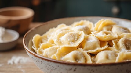 Bowl of Homemade Ravioli Pasta on a Rustic Wooden Table, Ready to Cook