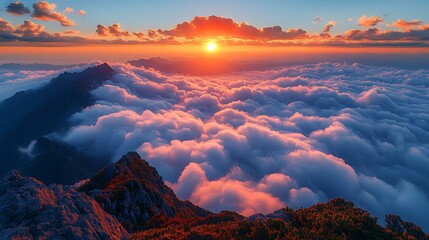 Naklejka premium Stunning mountain peak sunrise above cloud inversion photos