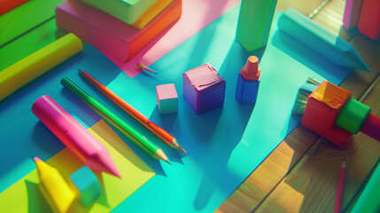 Fototapeta premium Colorful art supplies on a wooden table, a vibrant and playful arrangement sparking creativity.