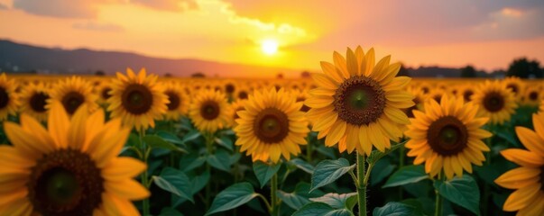 Obraz premium Massive sunflower field, heads bowed to the setting sun's glow , sun, evening, environment