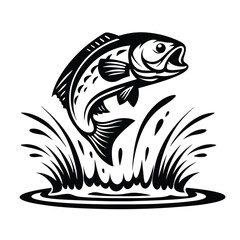 Leaping Fish Silhouette with Splashing Water, Black and White Illustration, Isolated