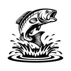Black and White Bass Fish Jumping Out of Water, Silhouette Style, Abstract Splash Art