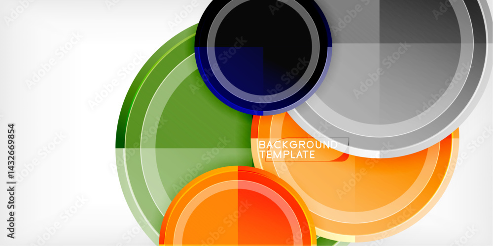 Poster Abstract geometric design. Circles, squares overlap creating modern visual effect. Bright colors contrast against light background.
