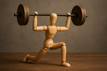 A wooden mannequin demonstrates strength training with a barbell. The scene captures the dedication to fitness and the art of weightlifting, emphasizing movement and focus.