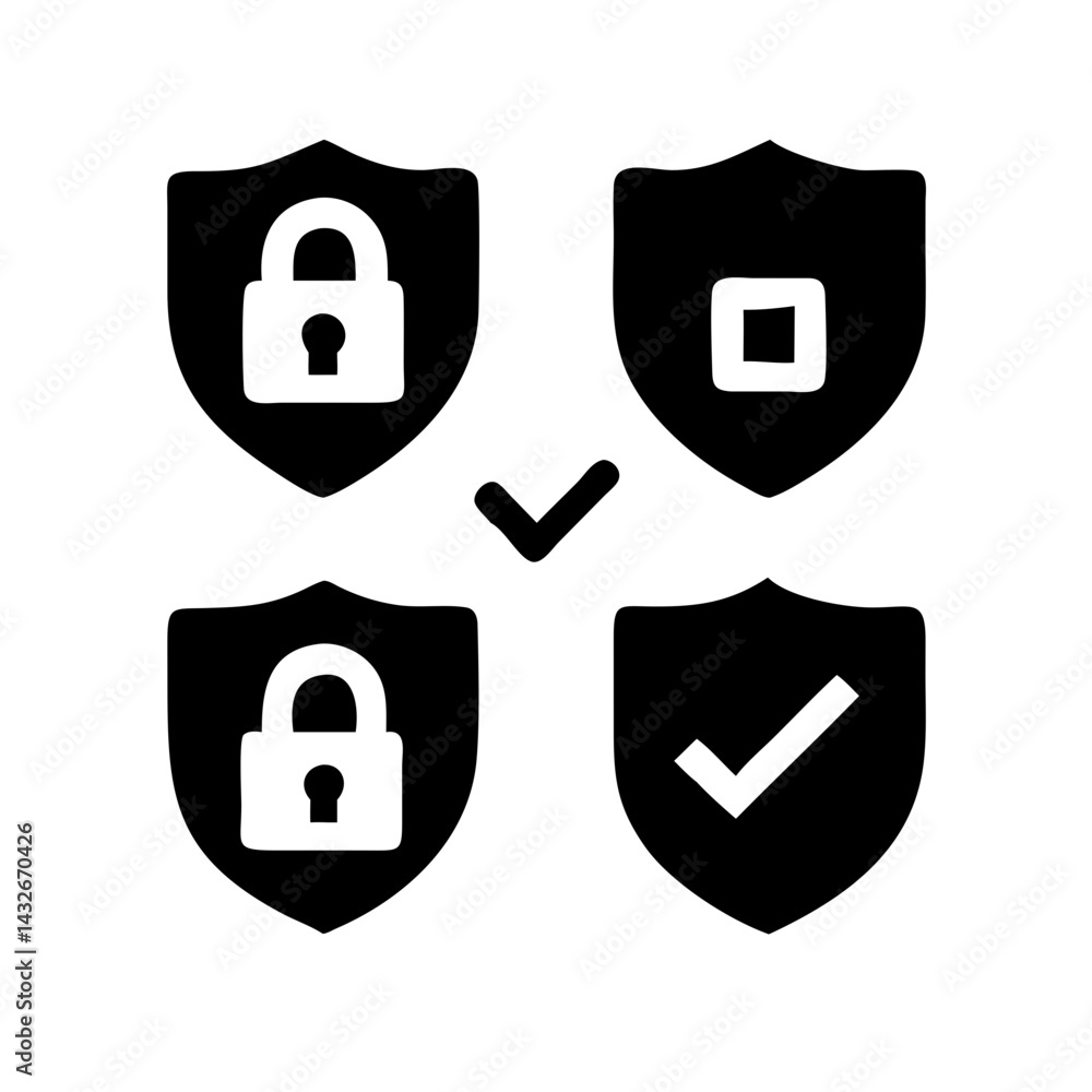 Poster set of security shield icons, security shields logotypes with check mark and padlock.. security shie