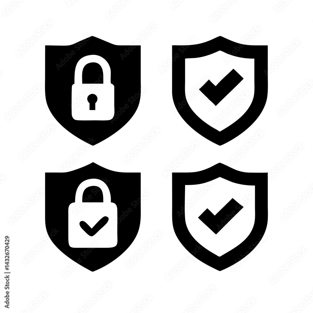 Fototapete set of security shield icons, security shields logotypes with check mark and padlock.. security shie