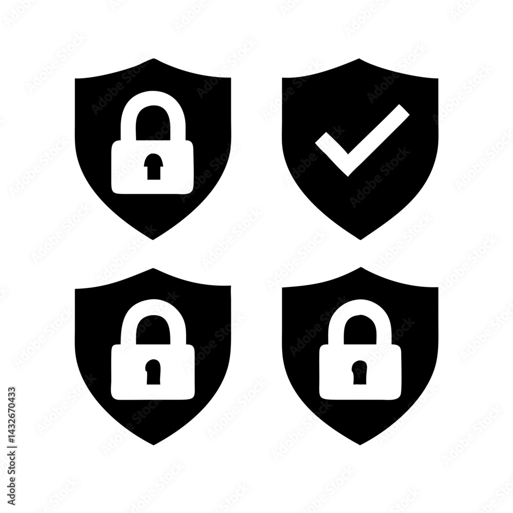 Fototapete set of security shield icons, security shields logotypes with check mark and padlock.. security shie