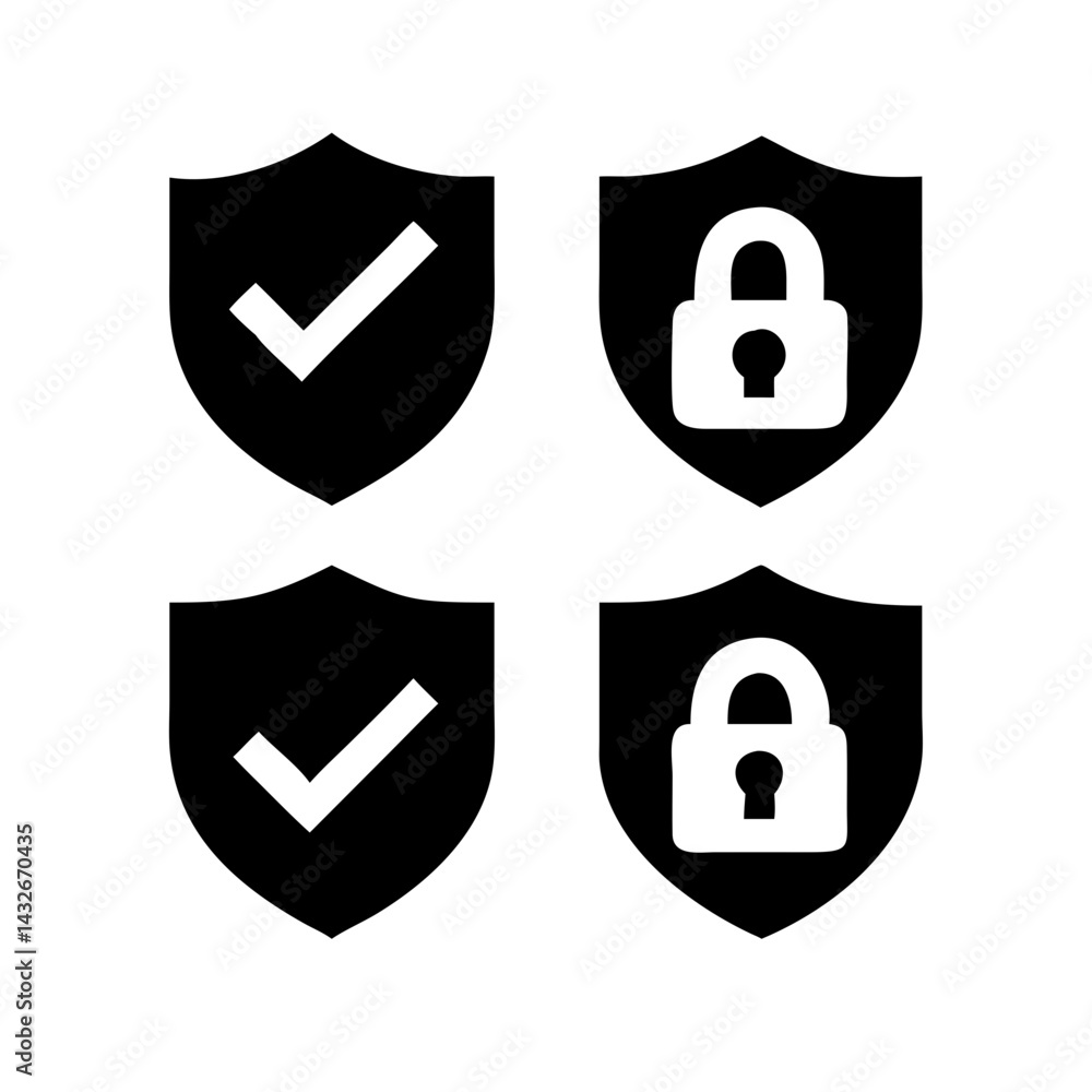 Fototapete set of security shield icons, security shields logotypes with check mark and padlock.. security shie