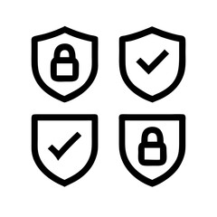 Set of security shield icons, security shields logotypes with check mark and padlock.. Security Shield Vector Line Icon Set. Security shield outline symbols with check mark and padlock.