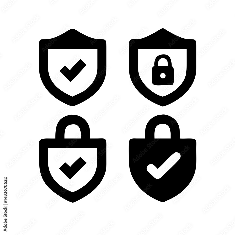 Fototapete set of security shield icons, security shields logotypes with check mark and padlock.. security shie
