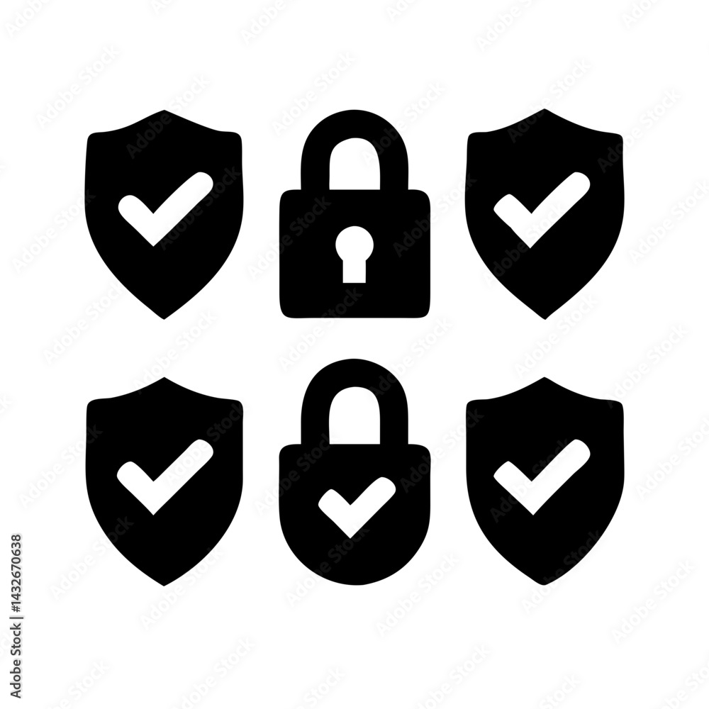 Fototapete set of security shield icons, security shields logotypes with check mark and padlock.. security shie