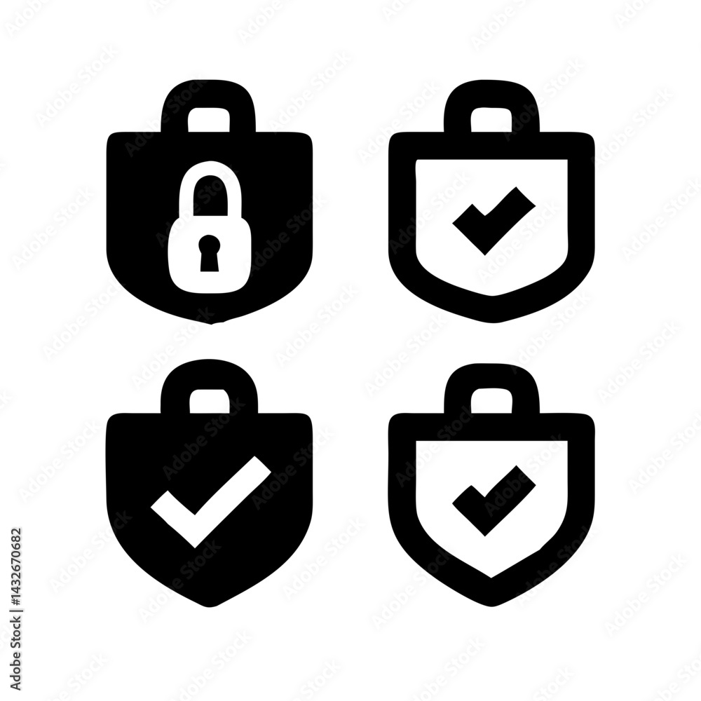 Fototapete set of security shield icons, security shields logotypes with check mark and padlock.. security shie