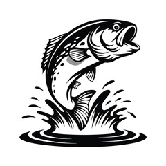 Black and White Jumping Fish Silhouette with Water Splashes, Fishing, Monochrome