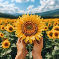 Fototapeta premium Hands hold sunflower in a field of sunflowers, mountains in the background